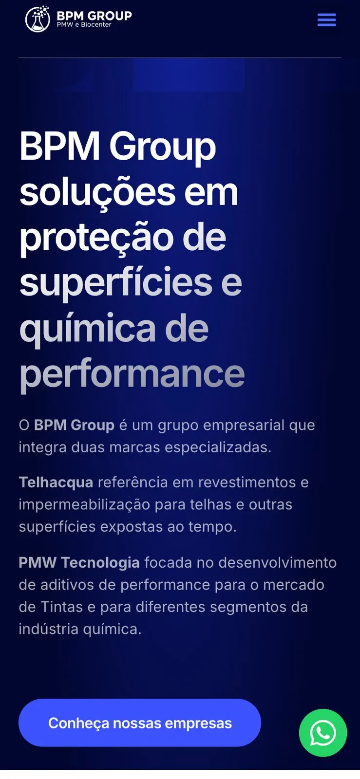 Página inicial do site do BPM Group em tela de celular.