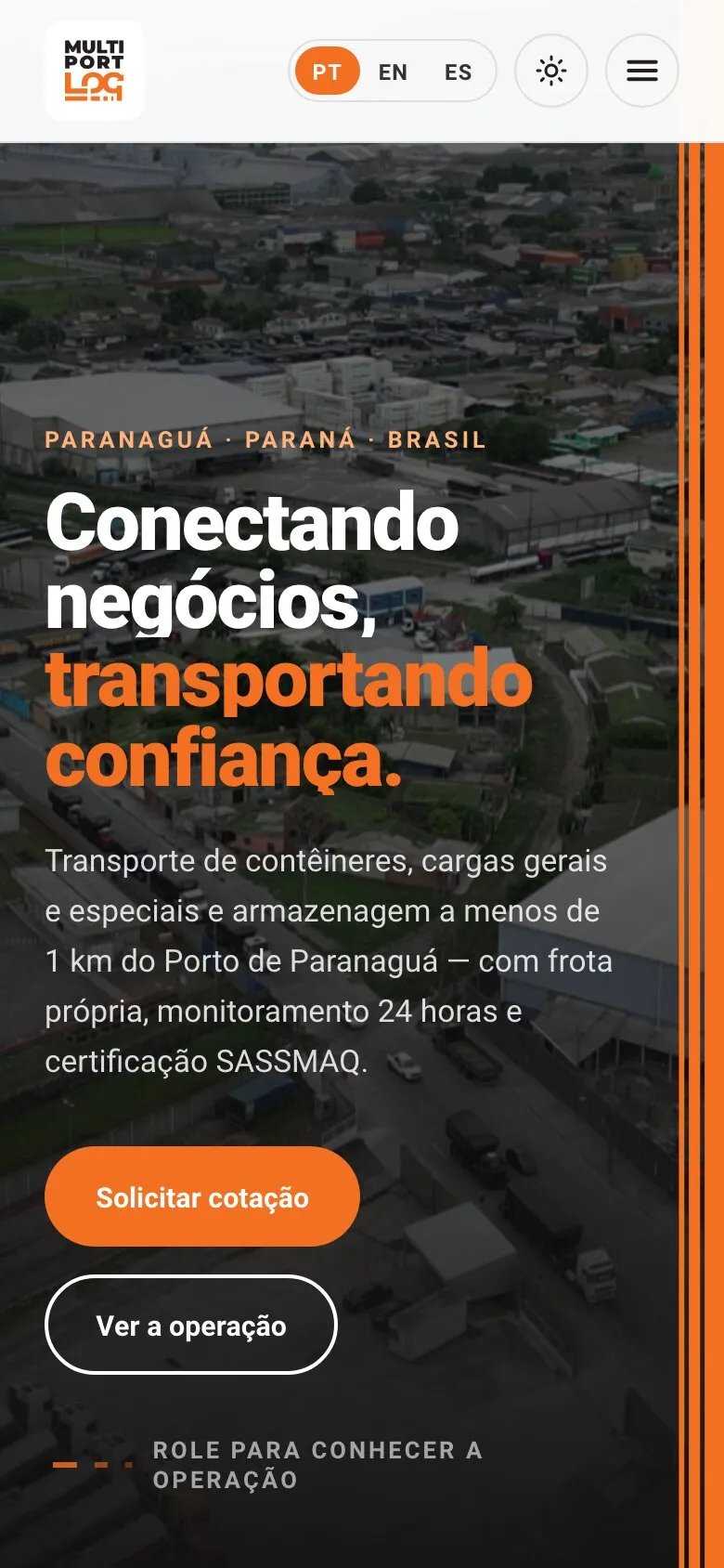 Página inicial do site novo da Multiportlog em tela de celular.