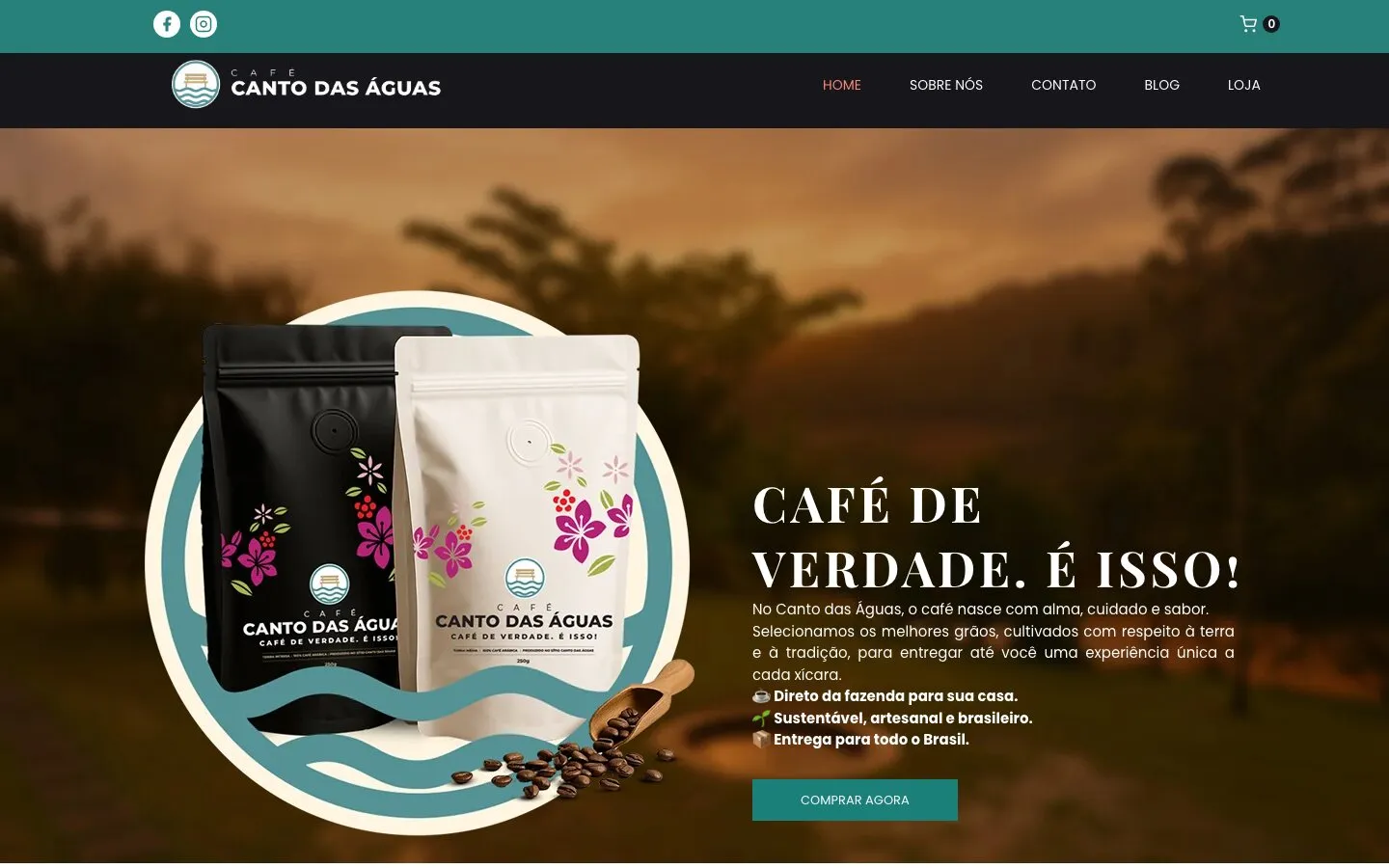 Site do Café Canto das Águas em tela de computador.